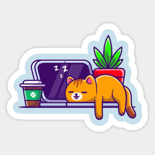 Cute Cat Sleeping On Laptop With Coffee Cartoon Sticker